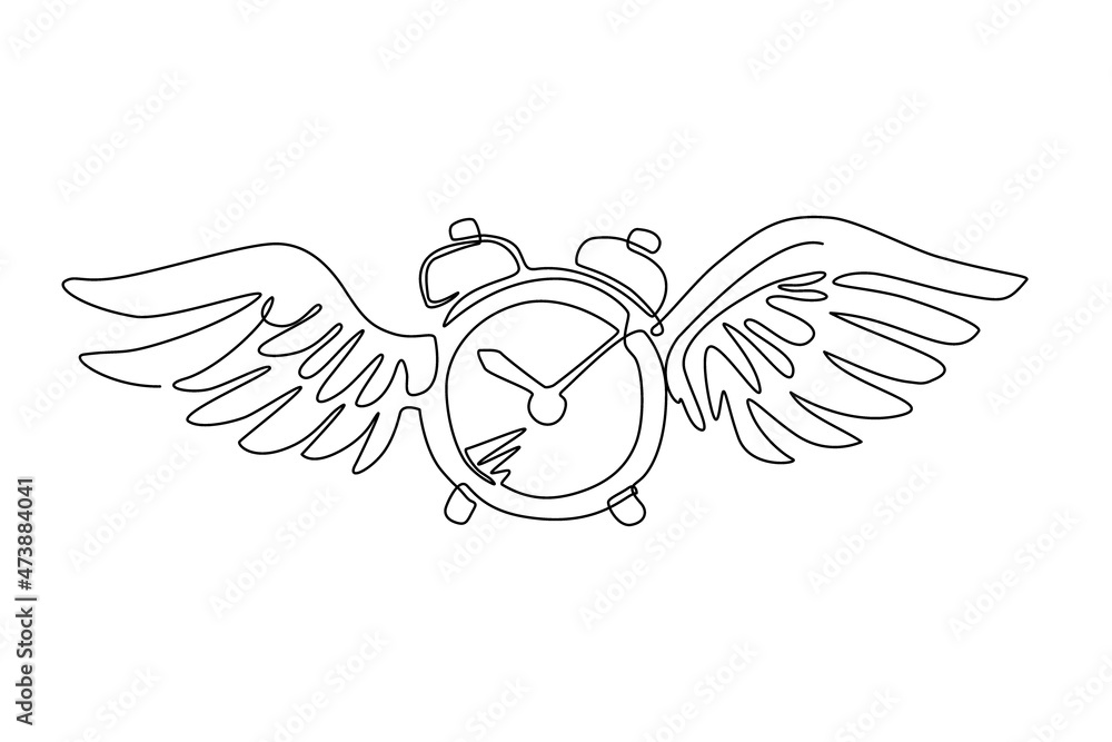Poster single continuous line drawing time flies concept. table alarm clock with wings. flat flying clock. 