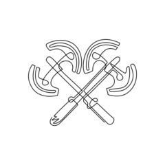 Single continuous line drawing two crossed broad axe, medieval axe, battle axe, executioner axe. Element for woodworking or lumberjack emblem or icon. One line draw graphic design vector illustration