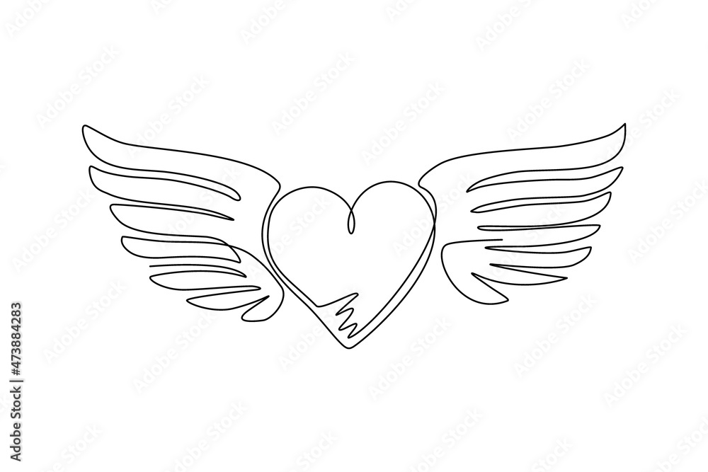 Wall mural continuous one line drawing heart love romantic with wings silhouette flat style icon. flying heart 