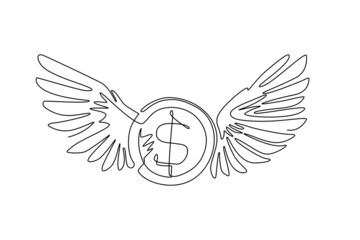 Single one line drawing coins dollar with wings flying in the sky. Lost money concept. Flying money. Economy, finance, money pictogram. Modern continuous line draw design graphic vector illustration