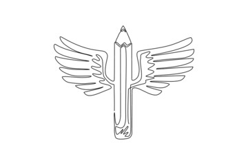 Continuous one line drawing pencil with wings, vector simple trendy logo or icon for designer or studio, creative freedom, angel design, linear style. Single line draw vector graphic illustration