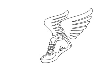 Continuous one line drawing running shoes with wings isolated. Stylized, minimalistic vintage design template element for print, label, badge or other symbol. Single line draw design vector graphic