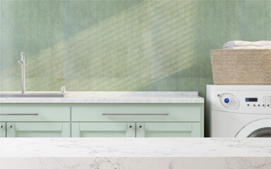 3D render interior mockup of a blank laundry build-in countertop with wash basin on a green cabinet next to washing machine and clean cloth in a basket. Morning Sunlight, Background, Products display.