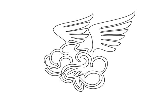 Continuous one line drawing brain with wings fly in the sky. Flying brain icon. Brains of the dreamer. Free mind logo template design label emblem. Single line draw design vector graphic illustration