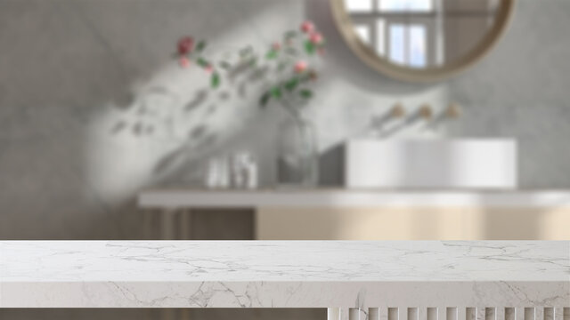 White empty marble counter top table with bathroom counter, wash basin, mirror and flower in bathroom in beautiful morning sunlight in background. 3D render for product display mockup.