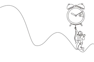 Single one line drawing happy businesswoman, manager or employee flying with big balloon alarm clock and hold rope. Time management business metaphor. Continuous line draw design vector illustration