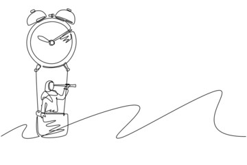 Single continuous line drawing Arab businesswoman, manager or employee ride hot air balloon alarm clock and looking forward with telescope. Time management business travel. One line draw design vector