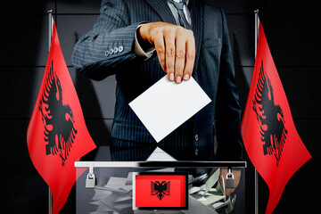 Albania flags, hand dropping voting card - election concept - 3D illustration