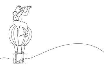 Single one line drawing Arab businessman sitting and looking through telescope in hot air balloon briefcase. Male in suitcase balloon search to success. Business travel. Continuous line design vector
