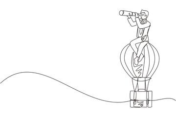 Single one line drawing businessman sitting and looking through telescope in hot air balloon briefcase. Male in suitcase balloon search to success. Business travel. continuous line draw design vector