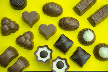 Top view of a variety of chocolate pralines for Valentine´s day.