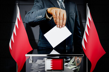 Bahrain flags, hand dropping voting card - election concept - 3D illustration
