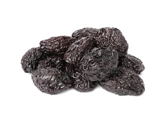 Pile of sweet dried prunes on white background