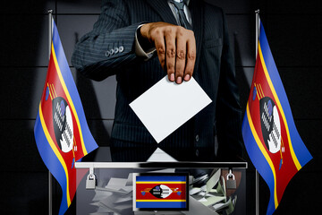 Eswatini flags, hand dropping voting card - election concept - 3D illustration