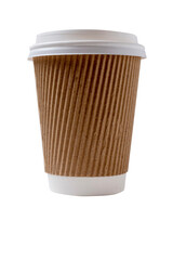 Cardboard cup with plastic white lid for hot drink on isolated white background. Mug for coffee or hot tea.