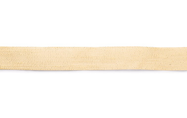 Wide burlap ribbon on white background, top view