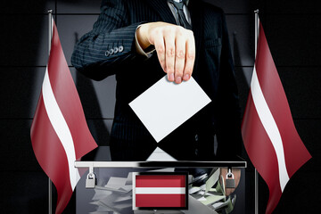 Latvia flags, hand dropping voting card - election concept - 3D illustration - obrazy, fototapety, plakaty