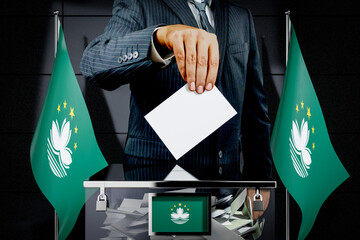 Macau flags, hand dropping voting card - election concept - 3D illustration