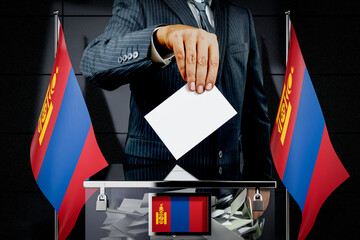 Mongolia flags, hand dropping voting card - election concept - 3D illustration