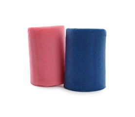 Different colorful play dough on white background