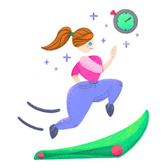 Graphic illustration of a body positive girl running on a treadmill with a timer, rush, sports. Deadline concept