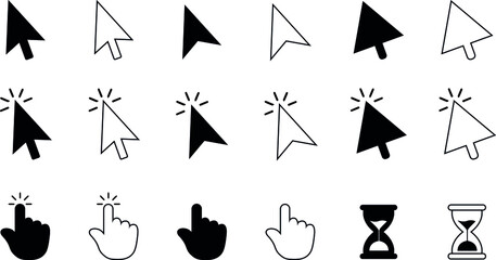 Mouse cursor icons collection. Set of cursor clicks. Computer web arrows, mouse cursors, and line pointer cursor selection by clicking. Set of icons isolated on a white background. Editable Stroke