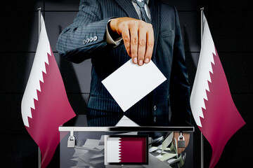 Qatar flags, hand dropping voting card - election concept - 3D illustration
