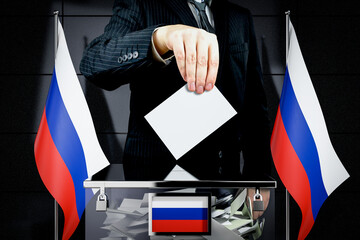 Russia flags, hand dropping voting card - election concept - 3D illustration