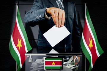 Suriname flags, hand dropping voting card - election concept - 3D illustration