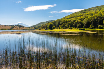 View of Biviere lake with Etna volcano, Nebrodi National Park, Sicily, Italy