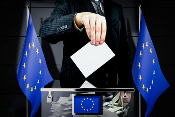 European Union flags, hand dropping voting card - election concept - 3D illustration