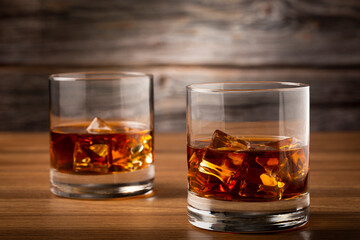 Glass with whiskey and ice cubes.