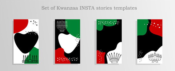 Set of Kwanzaa Social media stories and post templates. Background template with copy space for text and images. Abstract shapes in red, green, black colors. Kwanzaa symbols.