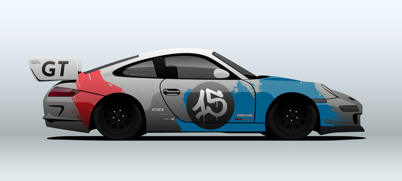 Sport car in racing colors. Vector illustration. Side view with perspective.
