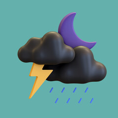 dark cloud thunder storm rain night moon weather icon 3d render illustration
