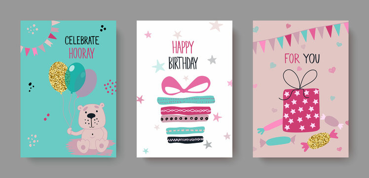 Birthday invitations, greeting cards with cute animals, balloons, gifts, ice cream, candy, flags.Vector illustration.