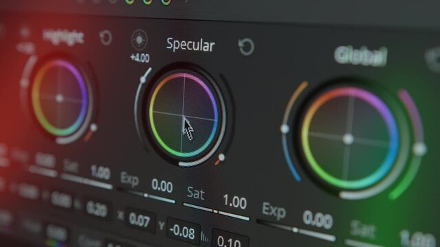 Close-up of color grading. Postproduction of video or photo. Professional photo and video editing software. Ring of specular. DaVinci Resolve