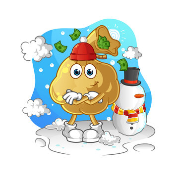 money bag in cold winter character. cartoon mascot vector