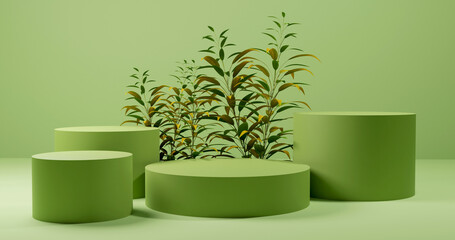 Green product display podium background with plants 3d rendered image
