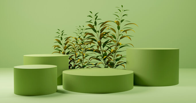 Green Product Display Podium Background With Plants 3d Rendered Image
