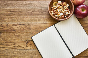 dry breakfast cereals notepad diet wooden background