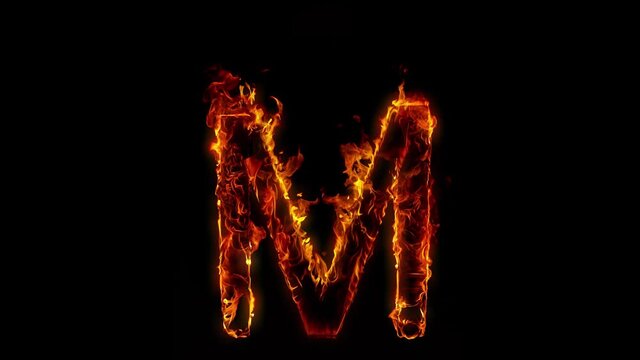 Super Slow Motion Shot of Burning Letter M Isolated on Black Background at 1000 fps.