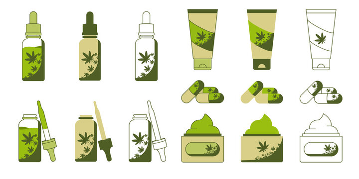 Cannabis oil, powder, cream and pills icon set. Set of vector CBD types icons with droplets, dropper bottles, pipette, bottles in outline and solid style. Isolated on white bg.