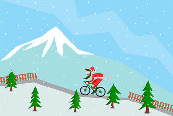 Simple illustration of Santa Claus riding bike on the mountain road between some trees and snow fall