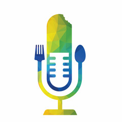 Podcast food logo icon designs vector. Fork and spoon around a mic.