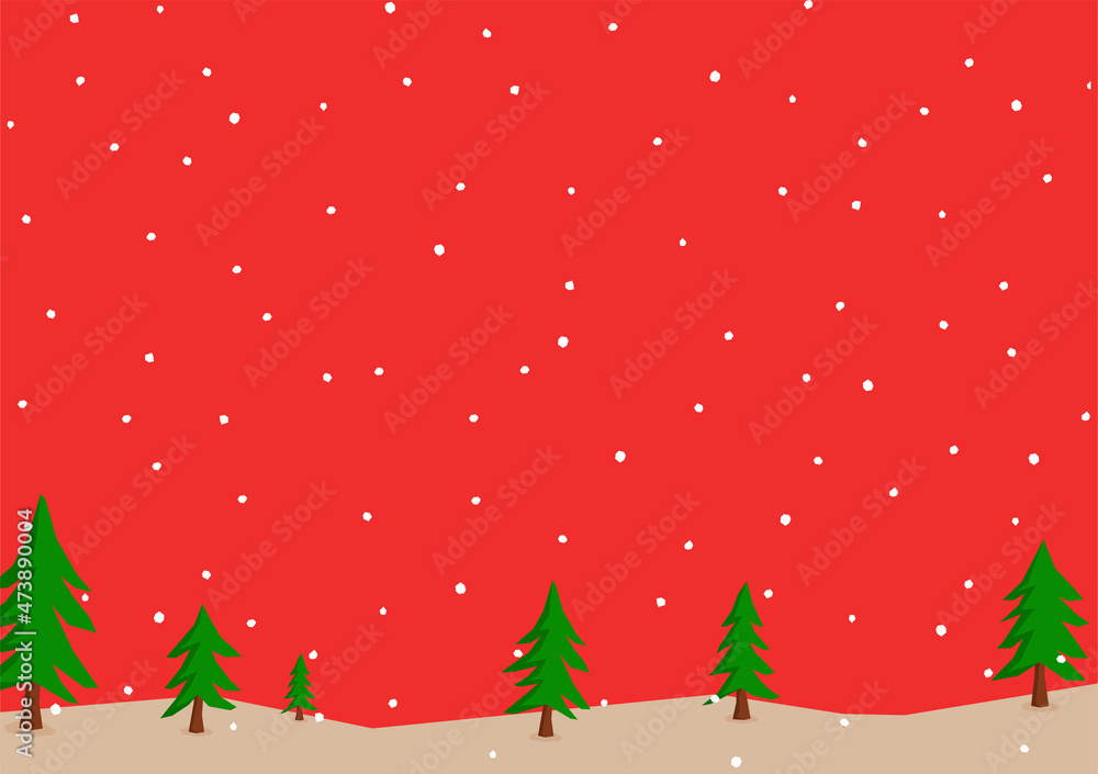 Poster minimalist background with christmas theme color with some trees and snow fall and some copy space a