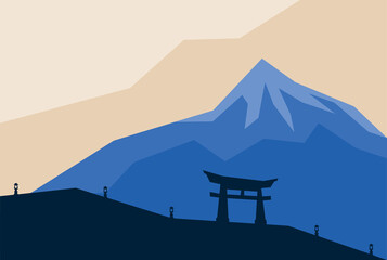 A simple illustration of silhouette Japanese gate Torii under the blue mountain