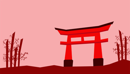A simple illustration of Japanese gate Torii between some bamboo trees