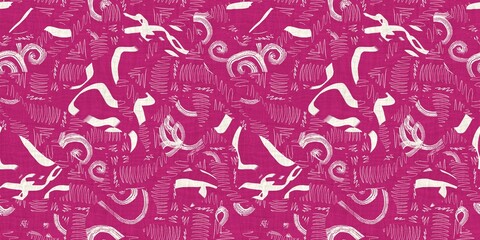 Seamless two tone hand drawn brushed effect pattern border swatch. High quality illustration. Collage of minimal drawings arranged in a seamless pattern with fabric texture overlay. Rough scribble.