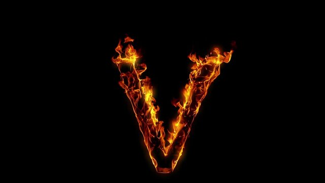 Super Slow Motion Shot of Burning Letter V Isolated on Black Background at 1000 fps.